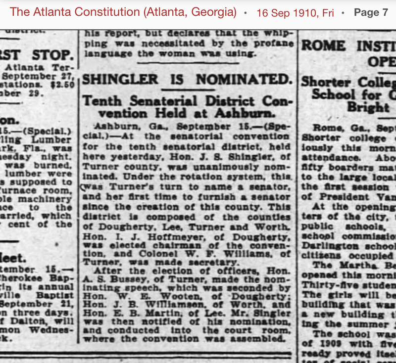 Shingler is Nominated to Tenth Senatorial District - The Atlanta Constitution 16 Sep 1910 page 7.PNG