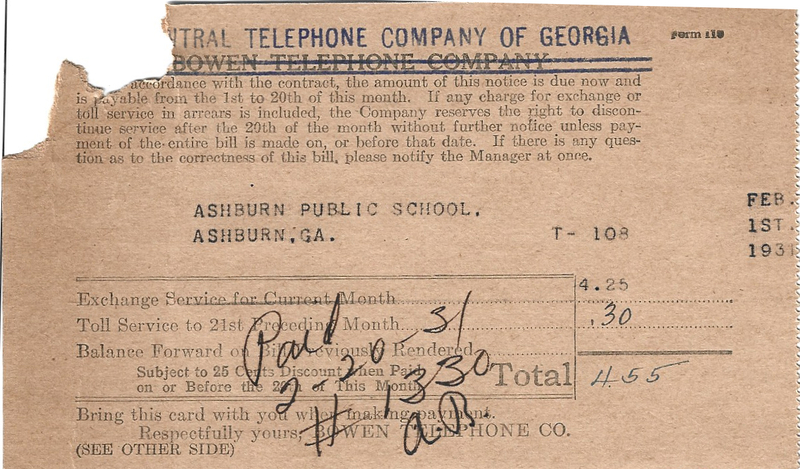 Ashburn Public Schools - Central Telephone Company of Georgia bill Jan 1931 2.jpg