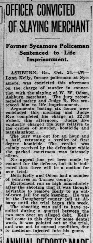 Officer Convicted of Slaying Merchant - Lynn Kelly of Sycamore murdered WW Odom - Atlanta Constitution 25 Oct 1930.JPG