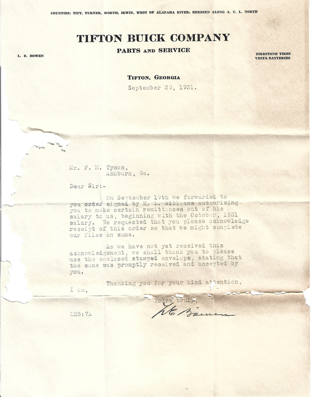 Ashburn Public Schools - Letter from Tifton Buick Company to F.M. Tison - September 29, 1931.jpg