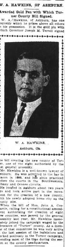 WA Hawkins awarded gold pen with which turner county bill signed - atl const 07 Sep 1905 page 3.jpg