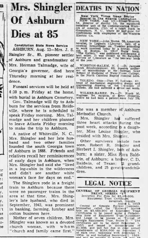 Mrs. Shingler of Ashburn dies at 85 - ATL Constitution 14 Aug 1953 page 28.jpg