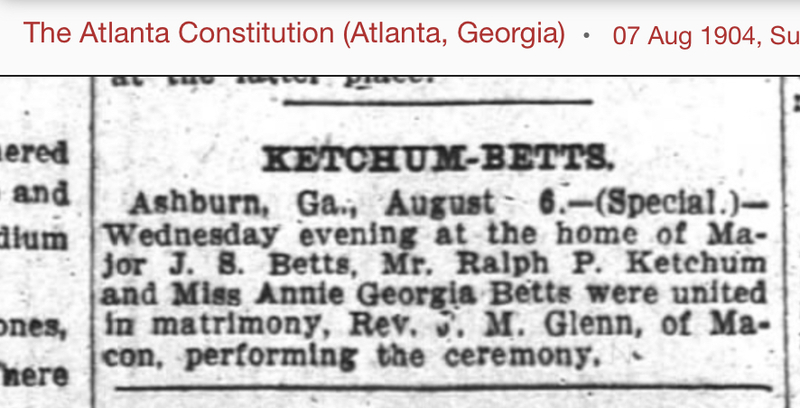 Marriage of Annie Georgia Betts to Ralph Ketchum - The ATL Constitution 7 Aug 1904.PNG