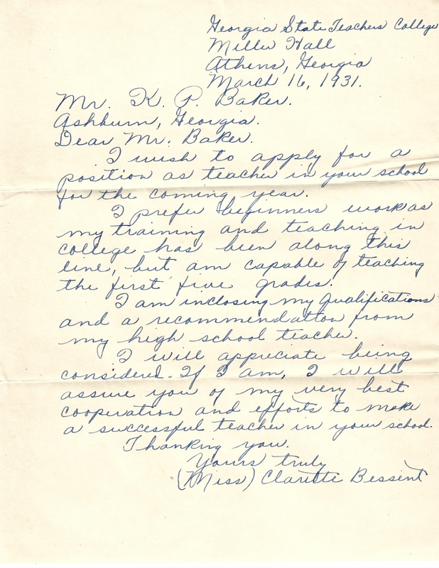 Letter from potential teacher [Miss Clarette Bessent] to K. P Baker requesting position - March 16, 1931 1.jpg