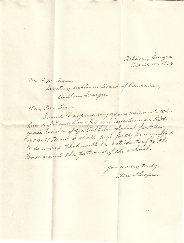 Letter from teacher [Alice Tharpe] to FM Tison accepting position - April 21, 1934.jpg