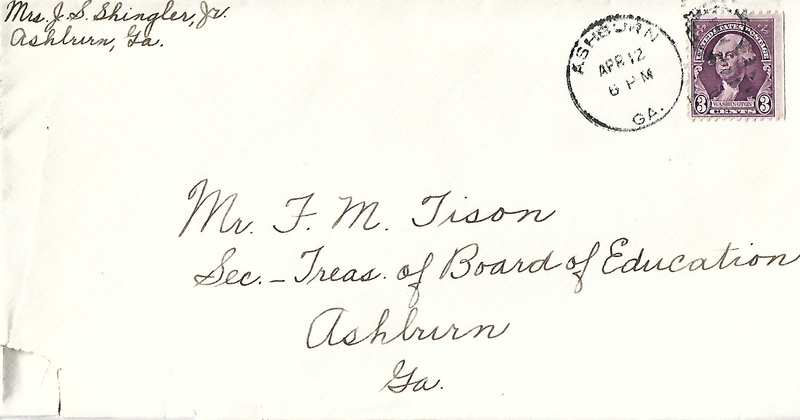 Letter from teacher [Mrs. J. S. Shingler, Jr.] to FM Tison accepting position - April 12, 1934 envelope.jpg