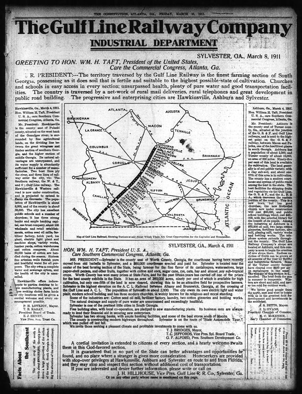 Gulfline Railway Company - letter with J S Betts, J L Evans, and G C McKenzie - Atlanta Constitution Mar 10 1911.JPG