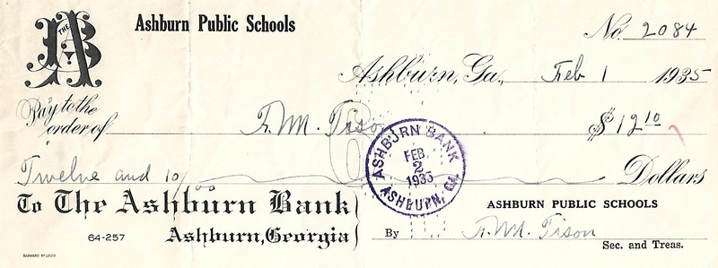 Ashburn Public Schools Bank Statement Checks - Feb 1, 1935 - Ck #2084 - F. M. Tison.jpg
