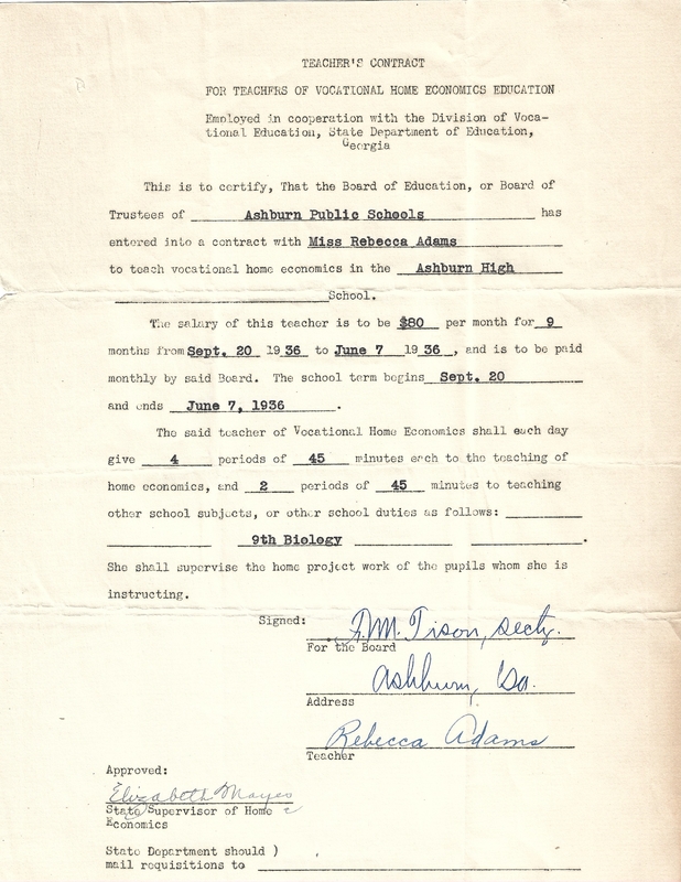 Teachers Contract Miss Rebecca Adanms Ashburn High 1936.jpg