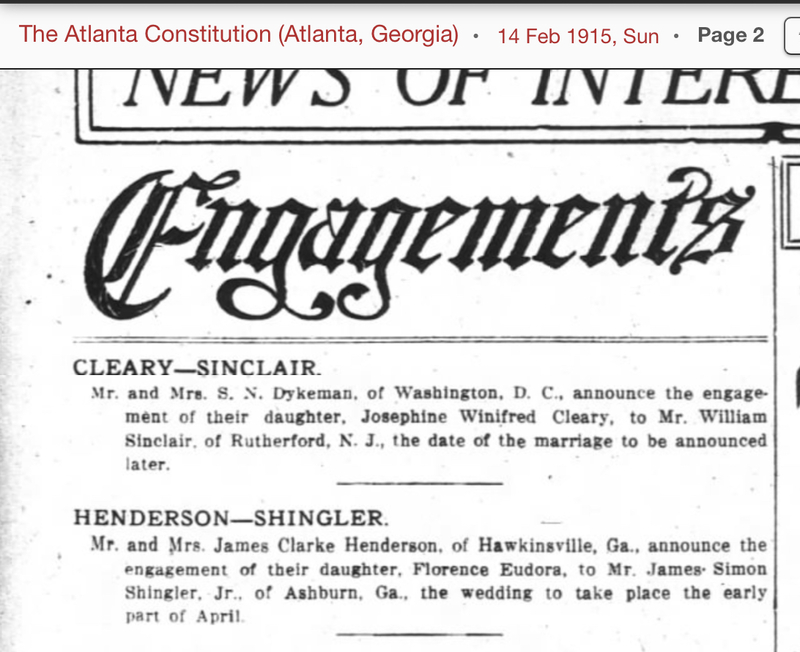 Engagement Announcement of Florence Eudora Henderson to James Simon Shingler Jr - The Atlanta Constitution 14 Feb 1915 page 2.PNG