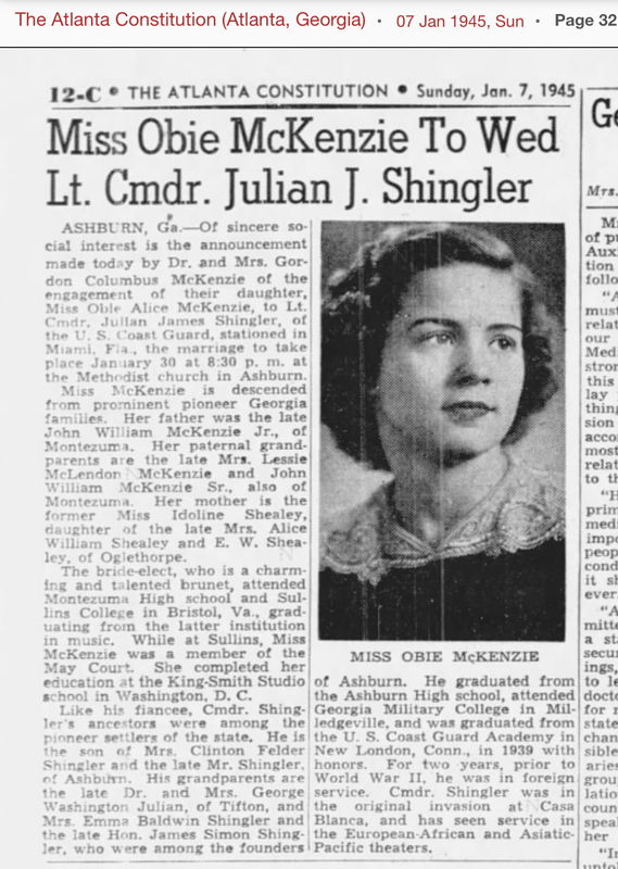 Obie Alice McKenzie, bride of Julian James Shingler - The Atlanta Constitution 07 Jan 1945 page 32.PNG