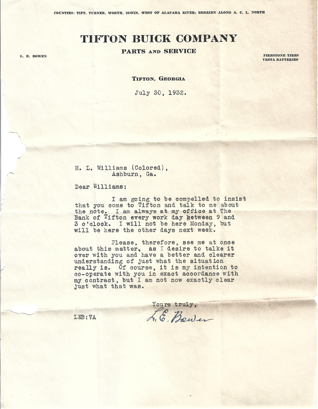 Ashburn Public Schools - Letter from Tifton Buick Company to H. L. Williams - July 30, 1932.jpg