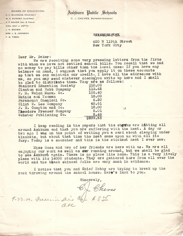 Ashburn Public Schools - Letter from C.J. Cheves [superintendent] in NYC date unknown to Mr. K.P. Baker.jpg