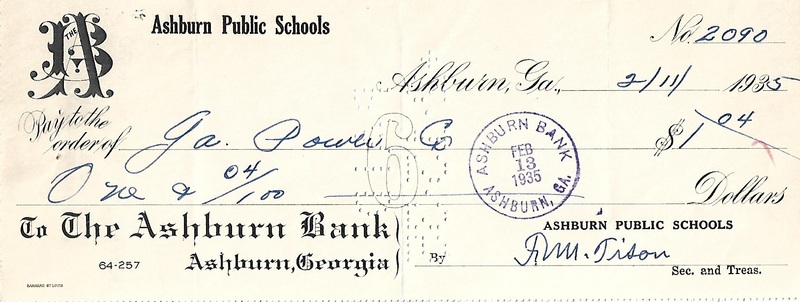 Ashburn Public Schools Bank Statement Checks - Feb 11, 1935 - Ck #2090 - GA Power Co.jpg