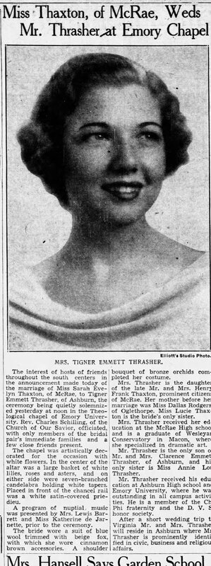 Marriage of Thaxton & Tigner Thrasher - ATL Constitution 18 Oct 1937 page 11.jpg