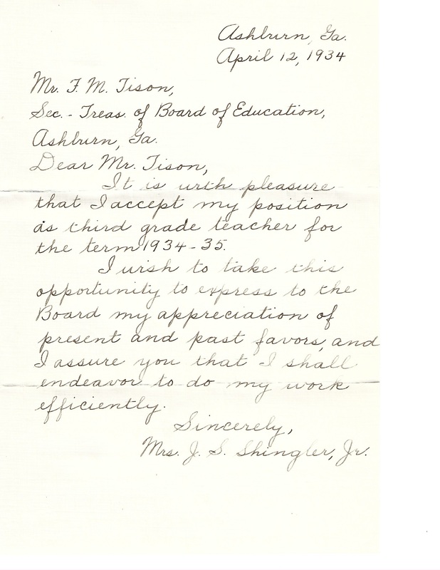 Letter from teacher [Mrs. J. S. Shingler, Jr.] to FM Tison accepting position - April 12, 1934.jpg