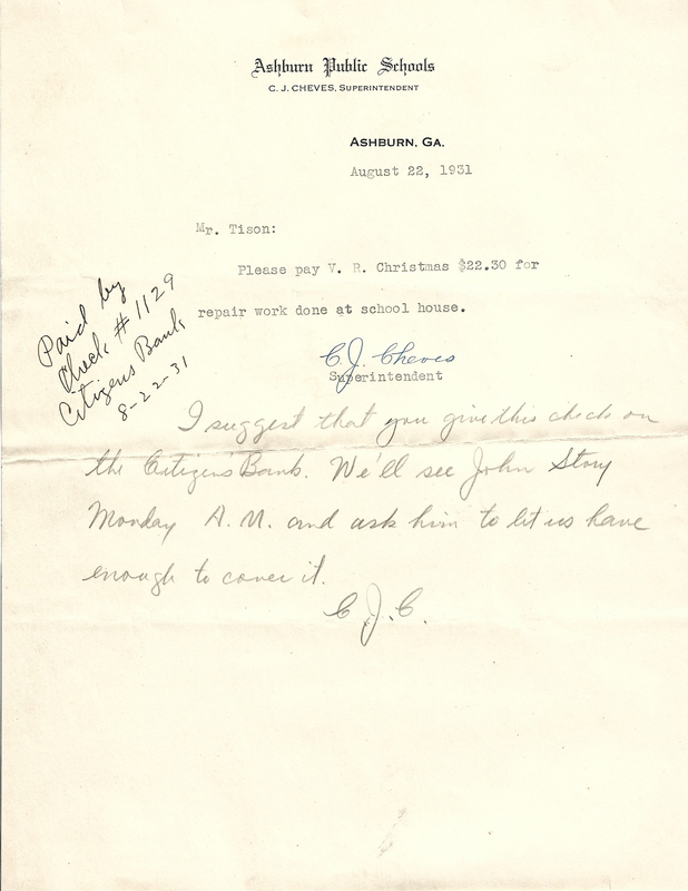 Ashburn Public Schools - Memo from C.J. Cheves (superintendent) to F.M. Tison - August 22, 1931.jpg