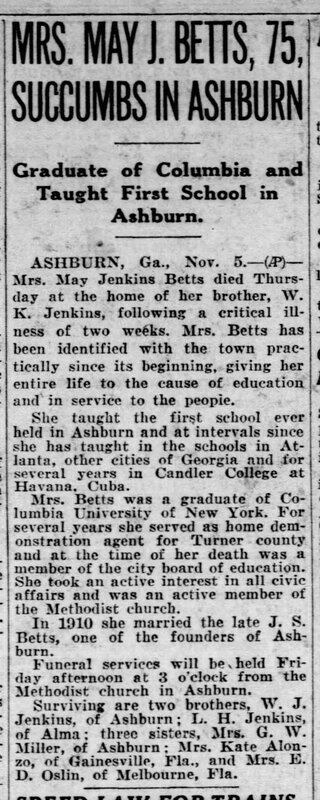 May Jenkins Betts dies - Atlanta Constitution 6 Nov 1931.JPG