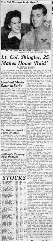 Herbert I Shingler, Jr. makes home 'raid' (1 of 2) - The Tampa Times 27 Nov 1943 page 1.JPG