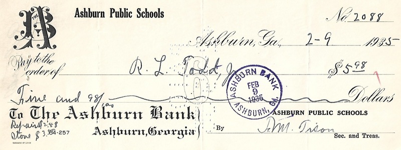 Ashburn Public Schools Bank Statement Checks - Feb 9, 1935 - Ck #2088 - R. L. Todd, Jr.jpg