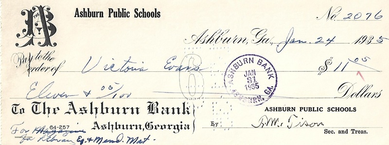 Ashburn Public Schools Bank Statement Checks - Jan 24, 1935 - Ck #2076  - Victoria Evans.jpg