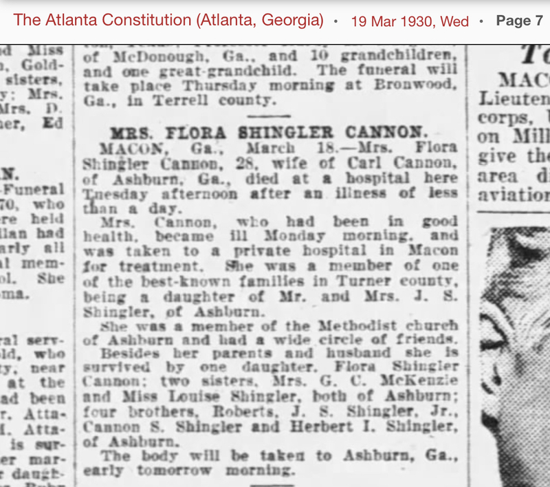 Flora Shingler Cannon wife of Carl Cannon died - The Atlanta Constitution 19 Mar 1930 page 7.PNG