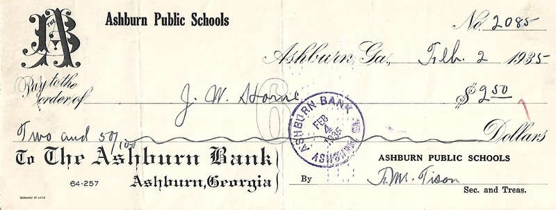 Ashburn Public Schools Bank Statement Checks - Feb 2, 1935 - Ck #2085 - J. W. Horne.jpg