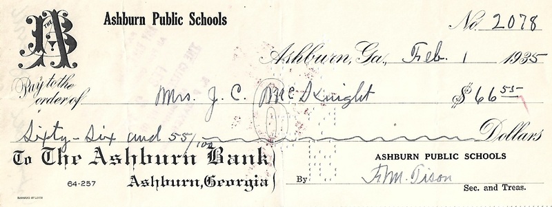 Ashburn Public Schools Bank Statement Checks - Feb 1, 1935 - Ck #2078 - Mrs. J. C. McKnight.jpg