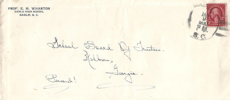 Letter from Prof. EM Wharton to Ashburn School Board of Trustees requesting consideration - January 8, 1930 envelope.jpg