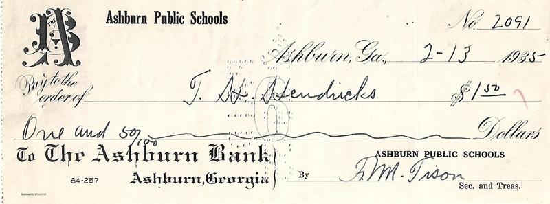 Ashburn Public Schools Bank Statement Checks - Feb 13, 1935 - Ck #2091 - T. H. Hendricks.jpg