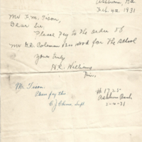 Ashburn Public Schools - Memo from H.L. Williams [prin at Eureka) and from C.J. Cheves (superintendent) to F.M. Tison - February 4, 1931.jpg