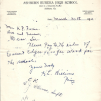 Ashburn Public Schools - Memo from H.L. Williams [prin at Eureka) and from C.J. Cheves (superintendent) to K.P. Baker - March 24, 1930.jpg
