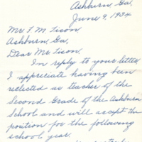 Letter from Ella Jackson to F.M. Tison accepting position (June 9, 1934)