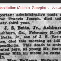 Death of JS Betts Jr. death announcement - The Atlanta Constitution 27 Feb 1899.PNG