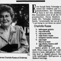 Betty Shingler Talmadge - Charlotte Russe recipe of grandmother Emma Baldwin Shingler Atlanta Constitution 21 dec 1989 page 116.JPG
