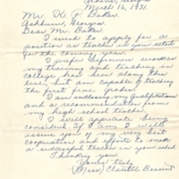 Letter from potential teacher [Clarette Bessent] to K.P. Baker (March 16, 1931)