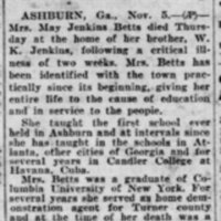 May Jenkins Betts dies - Atlanta Constitution 6 Nov 1931.JPG